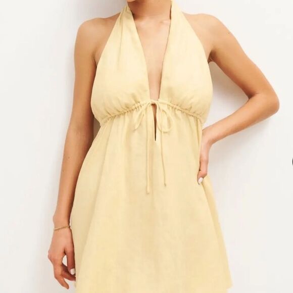 REFORMATION Carlena Halter Linen Parmesan Yellow Dress Large NWT  $218 - Picture 2 of 9